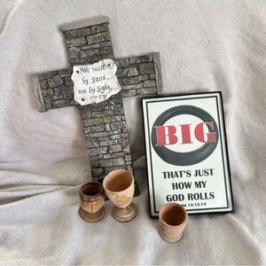Christian Plaque And Framed Picture And Three Wooden Communion Cups